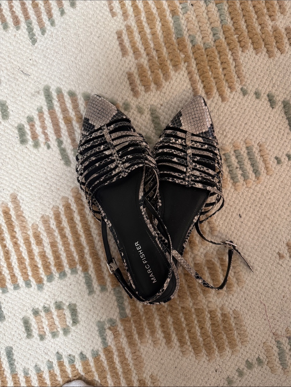 Marc Fisher Pointed Snake-Print Slingback Flats in Black and Cream